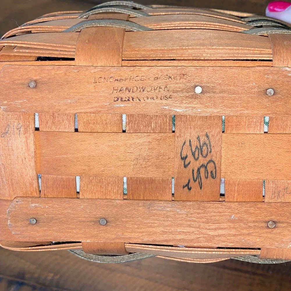 Longaberger Tea Basket with Emerald Vine Liner and Protector, Stationary Handle